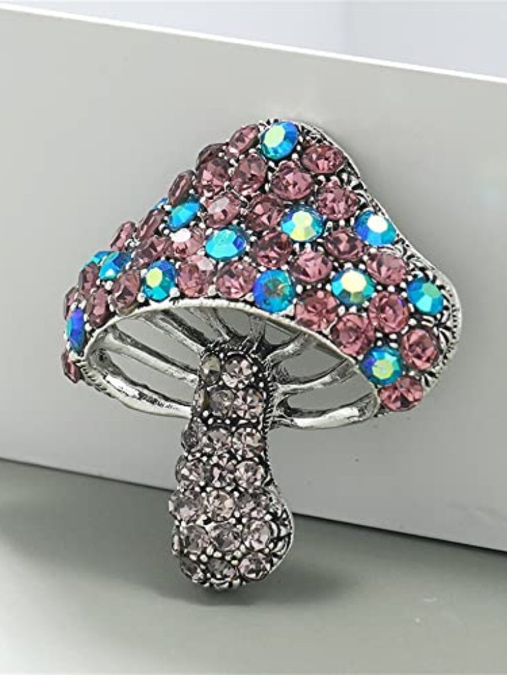 Rhinestone Mushroom Brooch Pin for Women Girls Teens Silver Tone Boho‎ Vintage
